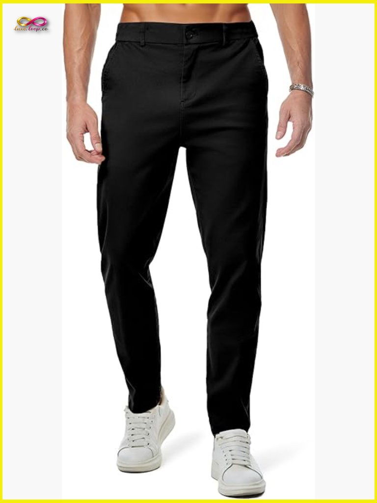 Men's Chino Pants Casual Elastic Waist Tapered Golf Trousers Slim Fit Cotton